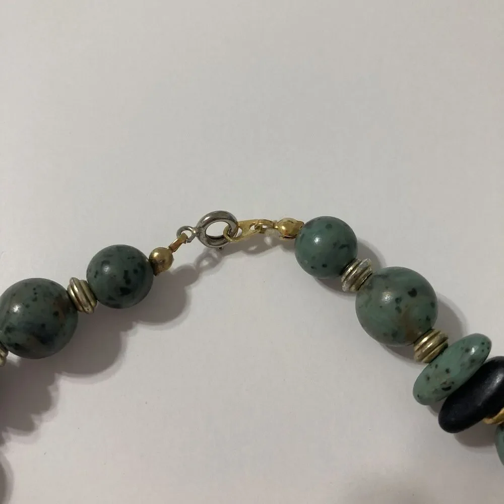 Green Black Gold Round Oval Faux Stone Long Beaded String Bohemian Necklace